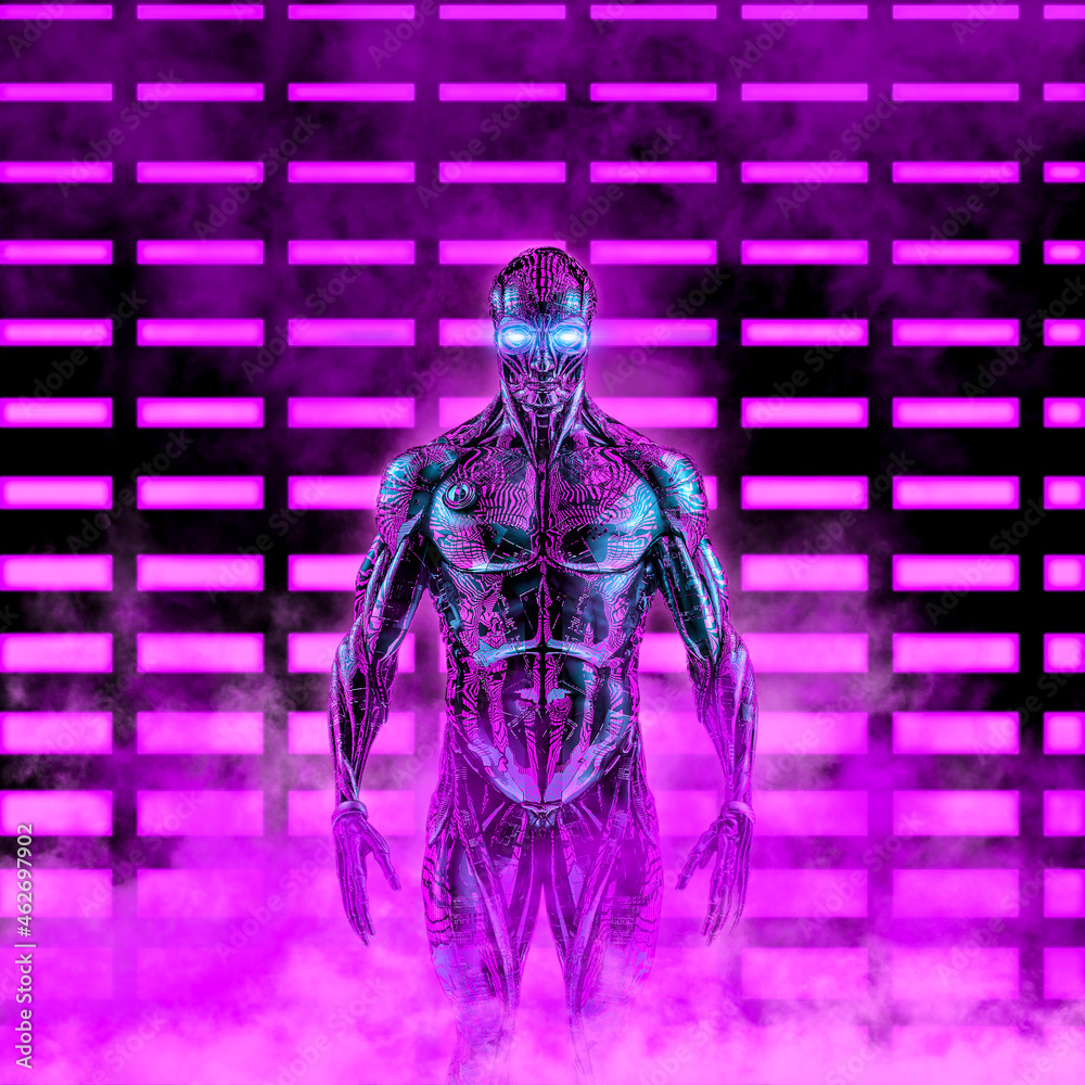 The neon cyborg - 3D illustration of science fiction scene with humanoid robot in front of glowing lights - obrazy, fototapety, plakaty 