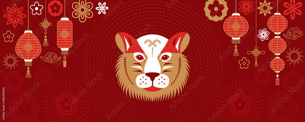 Happy Chinese New Year 2022. greeting card or banner. Geometric face of a tiger against the background of Chinese lanterns and flowers in Asian style.