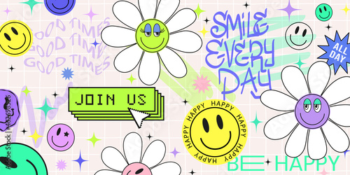 Cool abstract collage background with hipster stickers of smile face in acid design. Retro pop happy psychedelic banner with hand drawn graffiti. Vector illustration of positive vibes poster