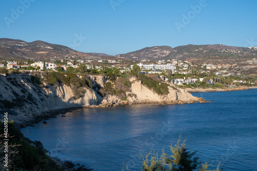 View on Coral bay in Peyia, Mediterranean sea near Paphos, Cyprus, Coral beach at morning