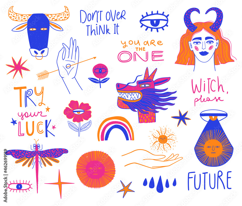 Naklejka premium Colorful set of funky esoteric elements