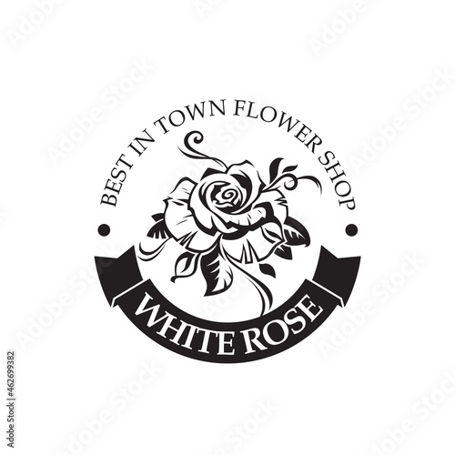 emblem of white rose bud for flower shop isolated on white background