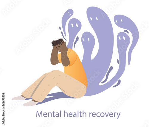 Panic attacks concept. Man surrounded by his inner fears. Character trying to get rid of mental and psychological problems. Cartoon modern flat vector illustration isolated on white background