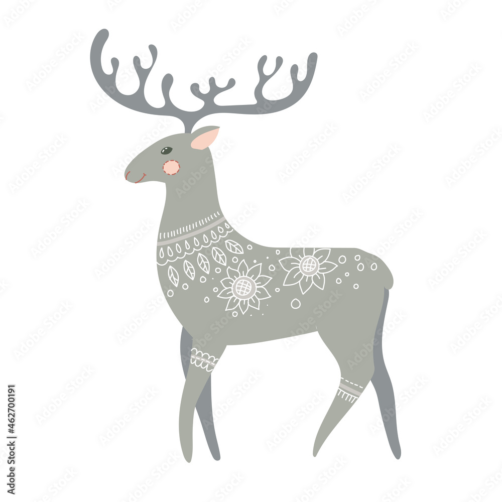 Gray deer in boho in pastel colors. Beautiful wild animal. Winter vector illustration isolated on white background. Gray deer in boho in pastel colors. Beautiful wild animal. Winter vector illustration isolated on white background.