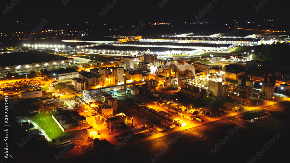 Aerial view of the oil refinery at night