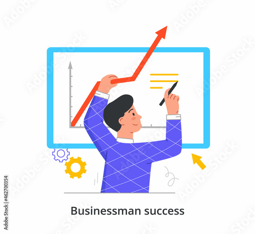 Successful businessman concept. Man develops strategy and increases the company profit. Character with high ambitions goes to goal. Cartoon flat vector illustration isolated on white background