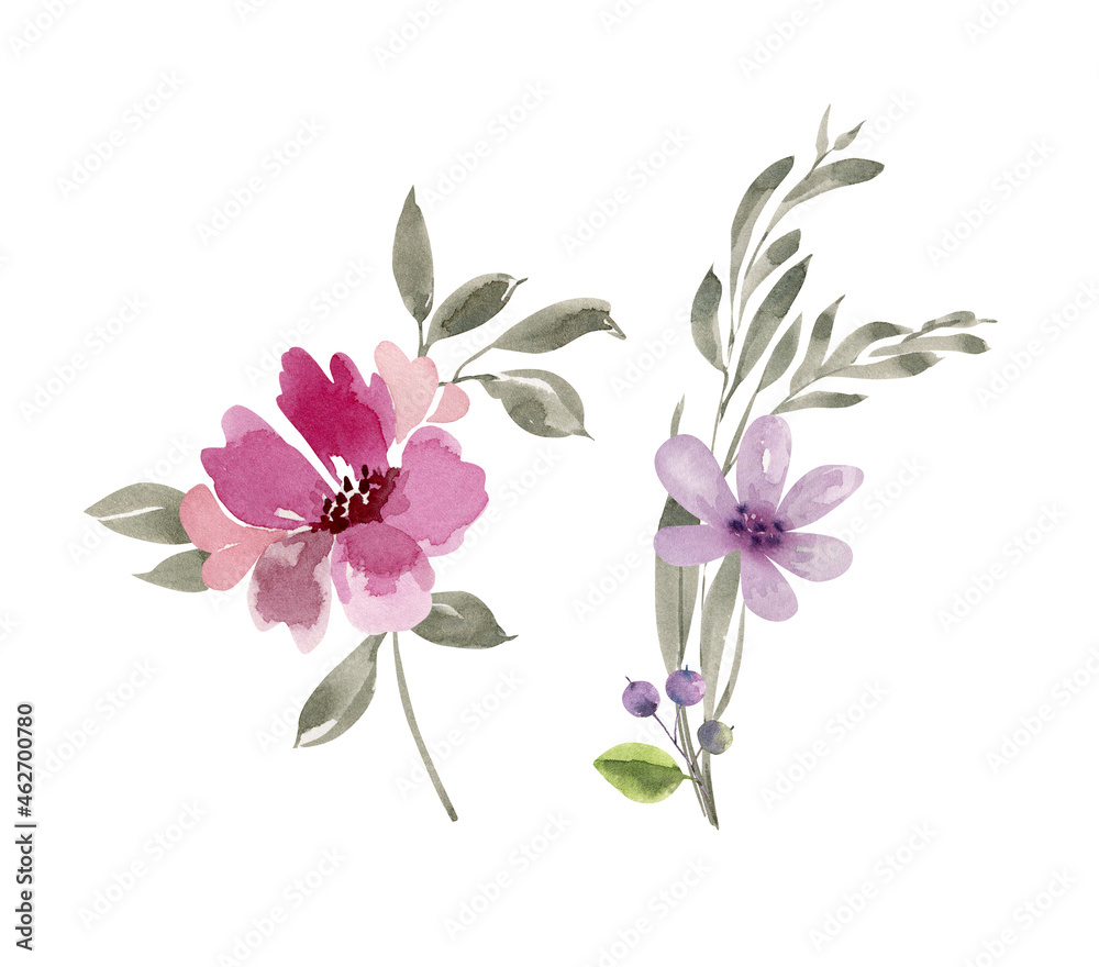 set of delicate watercolor purple and pink flowers, hand painted set of delicate watercolor purple and pink flowers, hand painted