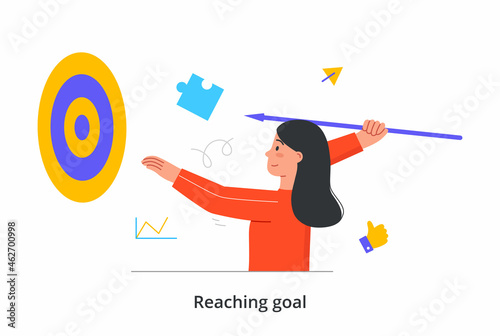 Reaching goal concept. Woman throws spear at target. Metaphor for achieving success in business. Ambitious entrepreneur. Cartoon contemporary flat vector illustration isolated on white background