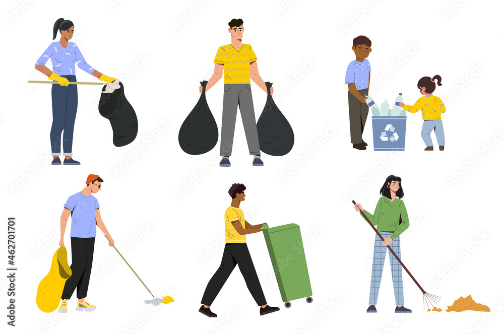 Set of people collecting garbage. Men, women and children clean planet of garbage. Characters put plastic bottles and wrappers in trash can. Cartoon flat vector collection isolated on white background