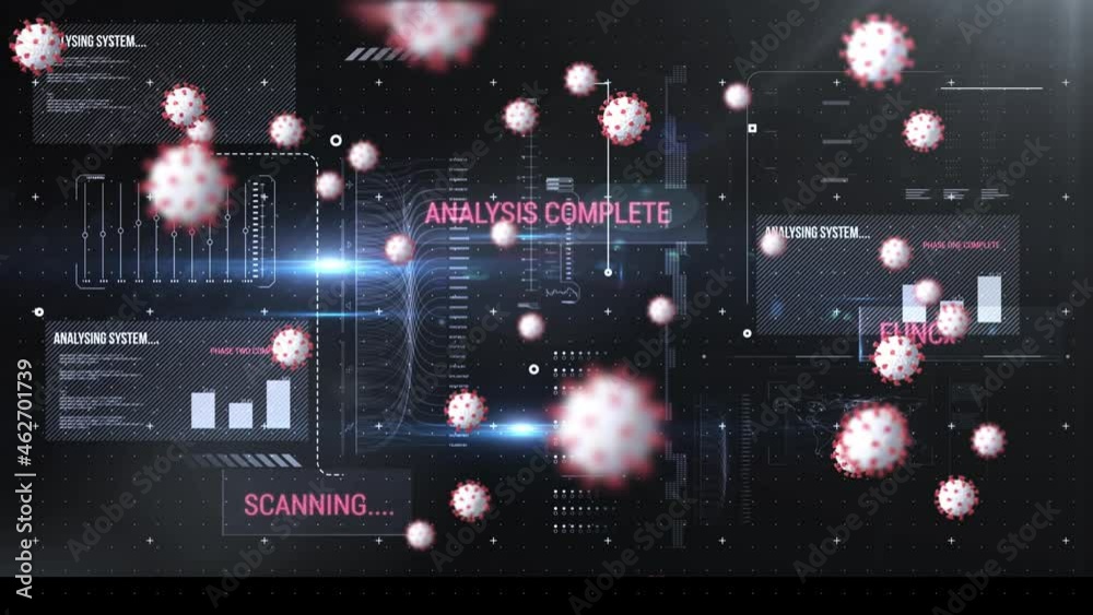 Animation of virus cells over screen with scientific data