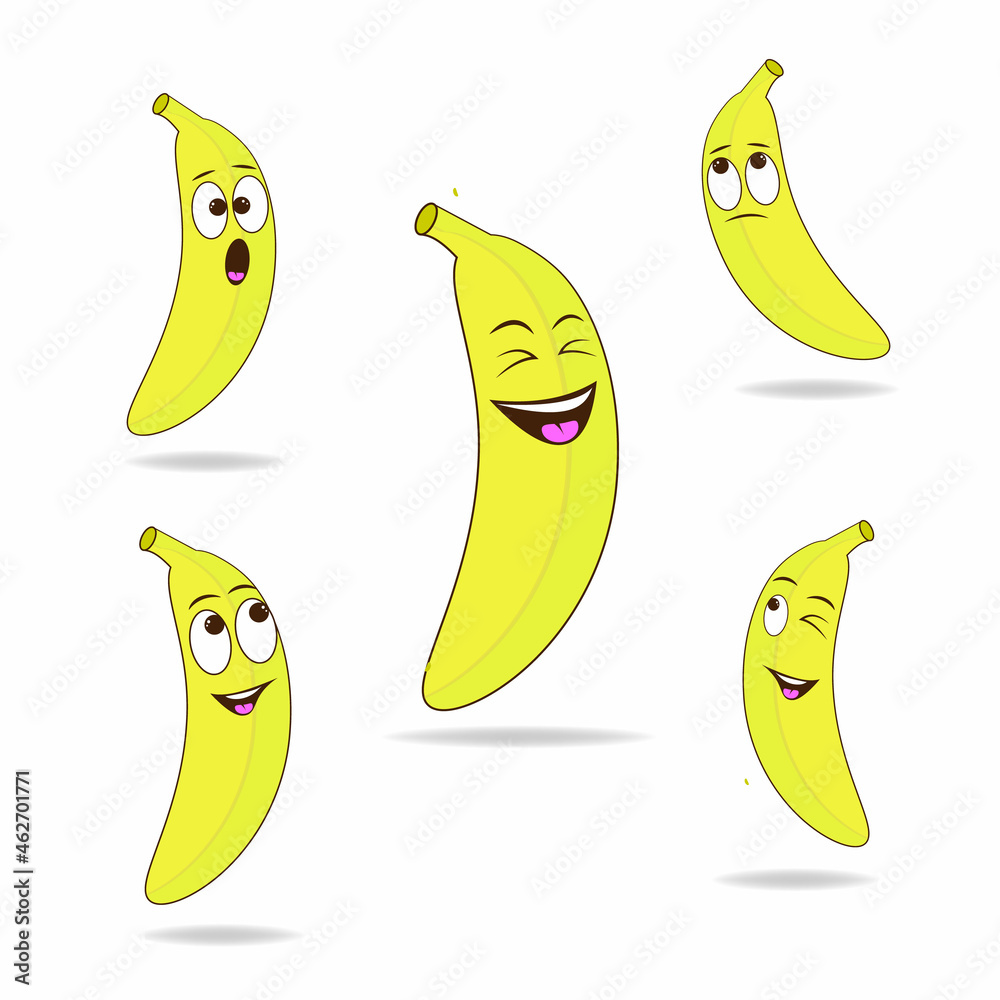 Cute vector set of banana fruit character in various action emotions. Vector