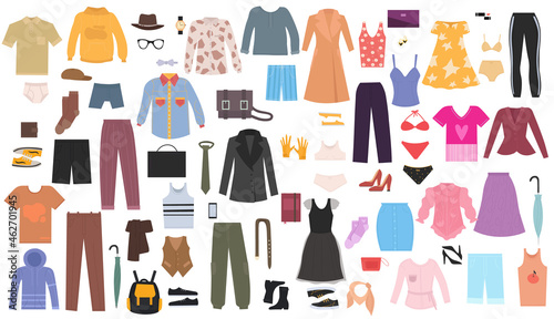 Clothes and accessories. Collection of stickers with men and women outfits. Icons with dresses, shirts, shorts, trousers, skirts and shoes. Cartoon flat vector set isolated on white background