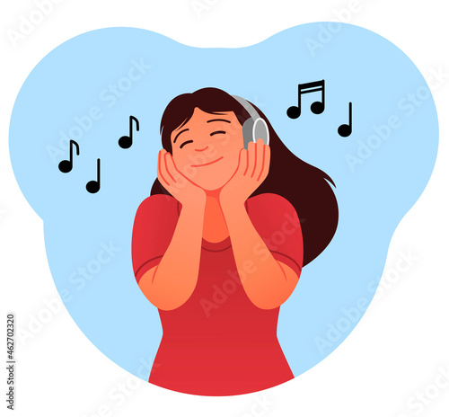 Woman with headphones. Young girl listens to romantic music and relaxes. Nice tracks on radio. Love of good music. Smiling character. Cartoon flat vector illustration isolated on white background