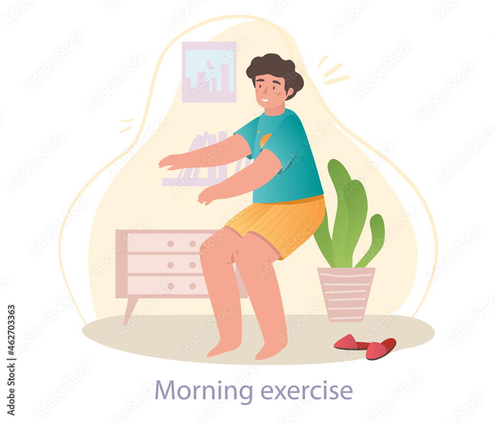 Morning exercises concept. Boy does sports after waking up. Cheerfulness and energy. Training at home. Daily routine for schoolboy. Cartoon flat vector illustration isolated on white background