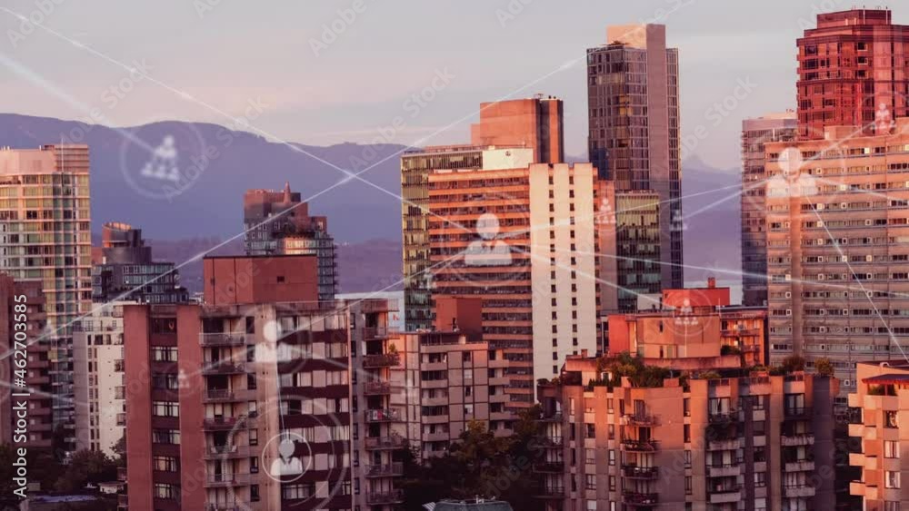 Animation of networks of connections with icons over cityscape Animation of networks of connections with icons over cityscape