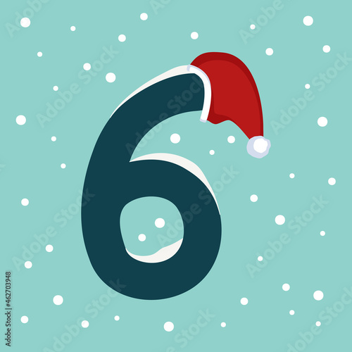 Number six with snow and red Santa Claus hat. Festive font for Christmas and New Year