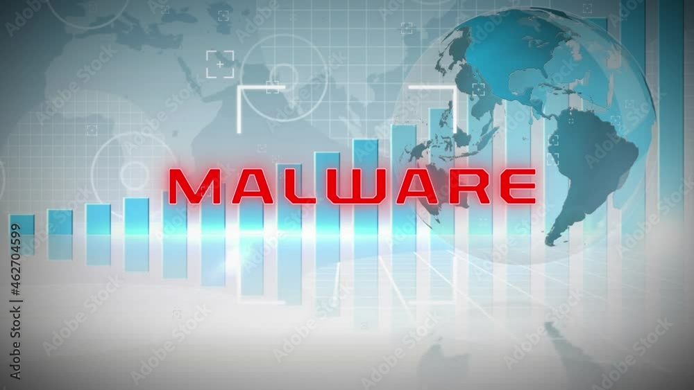 Animation of malware text over globe spinning and diagrams Animation of malware text over globe spinning and diagrams