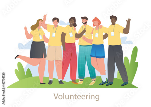 Group of volunteers. Happy men and women help other people, animals and nature. Charity and donations. Community of unselfish kind people. Cartoon flat vector illustration isolated on white background