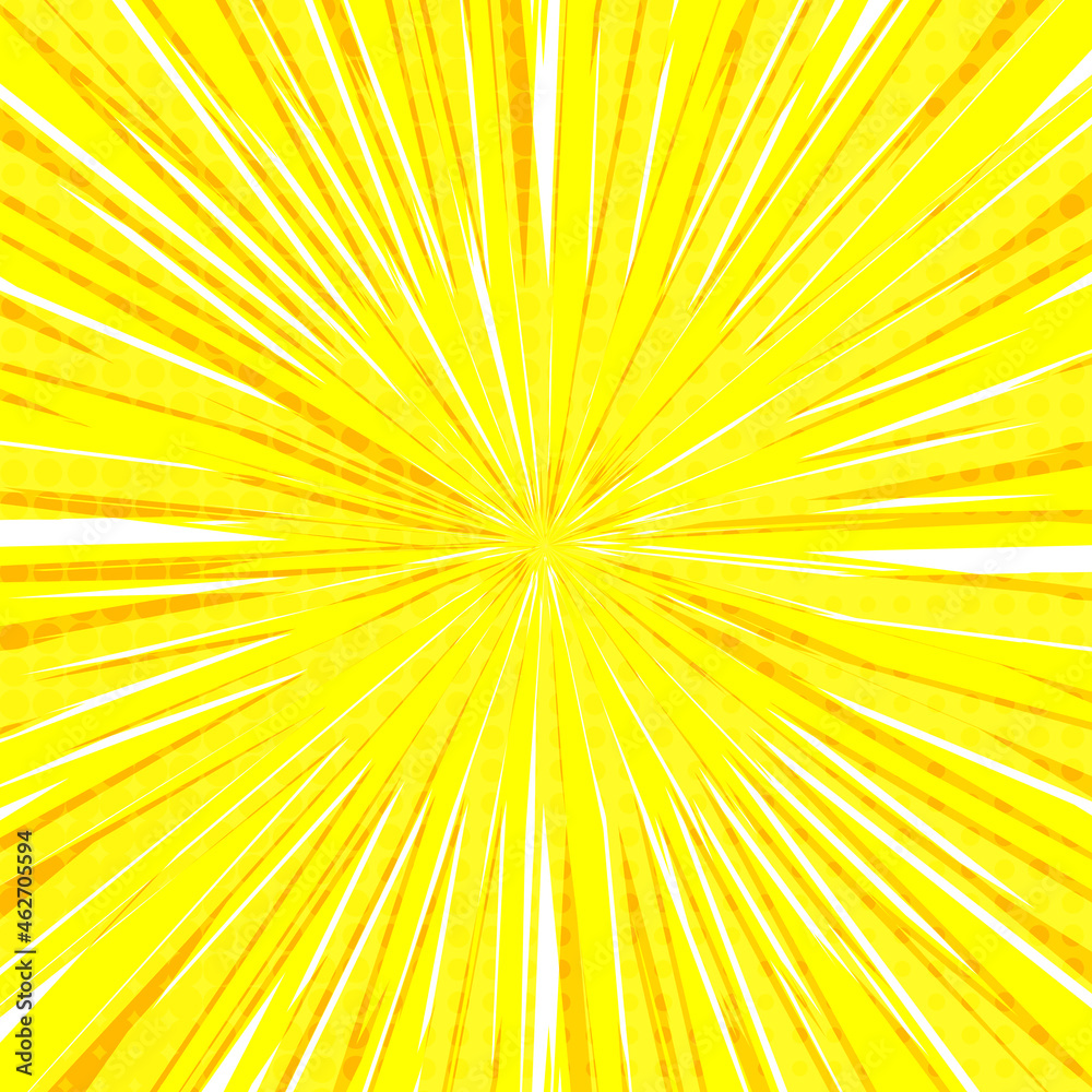 Obraz premium Pop art radial colorful comics book magazine cover. Striped yellow and white digital background. Cartoon funny retro pattern strip mock up. Vector halftone illustration. Sunburst, starburst shape