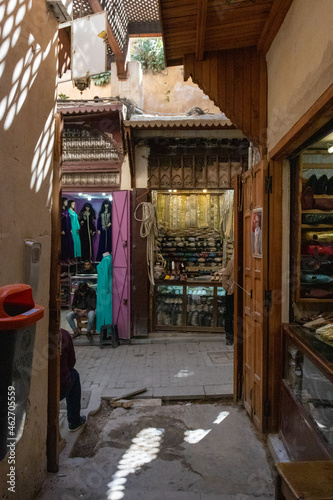 Africa city old town Fez Morocco traditional tourist oriental street leather roof view arabic colorful medina