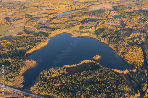 Finland, autumn landscape from the air with a drone, driving road, lakes and pine forest, on a sunny day