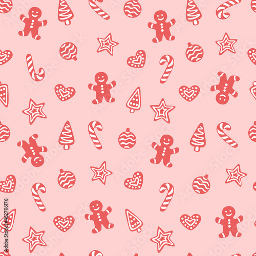 Vector seamless pattern with gingerbread cookies. Cute design for Christmas wrappings, textile, wallpaper and backgrounds.