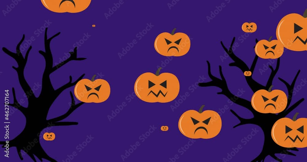 Animation of pumpkins moving over purple background with trees Animation of pumpkins moving over purple background with trees