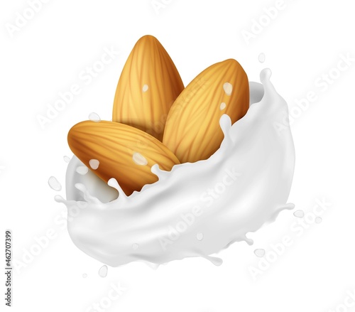3d realistic vector icon. Almond nut milk. Nuts in liquid splash. Isolated on white background.
