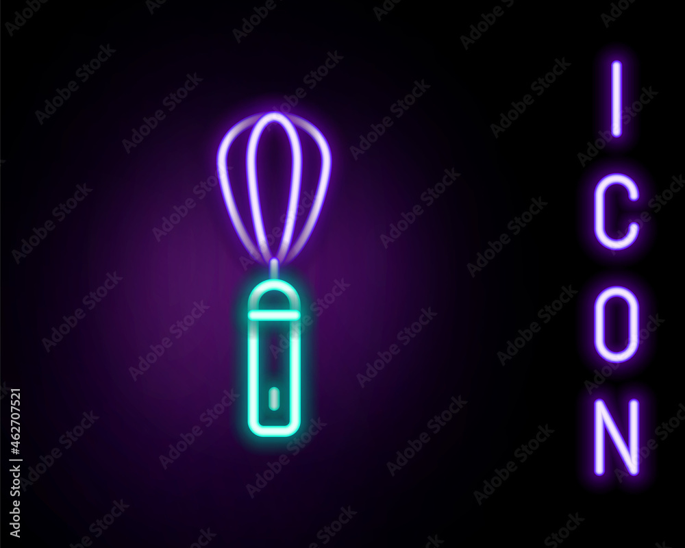Glowing neon line Kitchen whisk icon isolated on black background. Cooking utensil, egg beater. Cutlery sign. Food mix symbol. Colorful outline concept. Vector Glowing neon line Kitchen whisk icon isolated on black background. Cooking utensil, egg beater. Cutlery sign. Food mix symbol. Colorful outline concept. Vector
