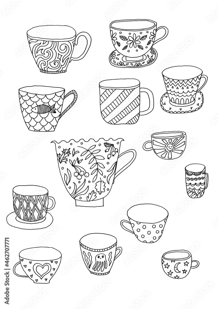 Set of cute mugs decorated with ornaments in doodle style. Hand drawn illustration in doodle style on white background. Isolated outline. Great for coloring book.