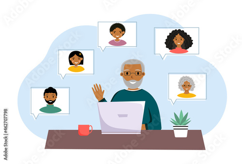 Old afro american man is sitting near laptop and talking with his family, friends and relation. Grandpa with computer. Modern technology. Stay at home concept. Vector illustration in flat style.