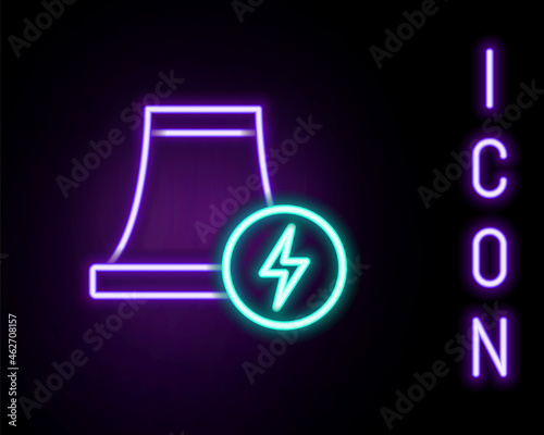 Glowing neon line Nuclear power plant icon isolated on black background. Energy industrial concept. Colorful outline concept. Vector