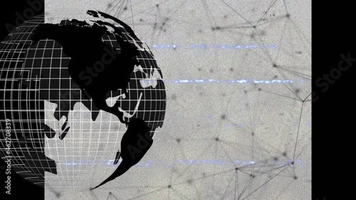 Animation of networks of connections, globe and interference over white background photo