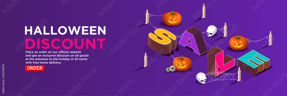 sometric vector halloween. Autumn sale in online stores. Promotions and discounts concept. Volumetric letters surrounded by Jack's pumpkin lantern with skulls and candles in the web. Order delivery