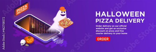Isometric vector. Halloween delivery service banner. A telephone with a staircase to the basement. Ghost courier with a box of pizza in a cap, pumpkin lantern. Order a purchase in the online store