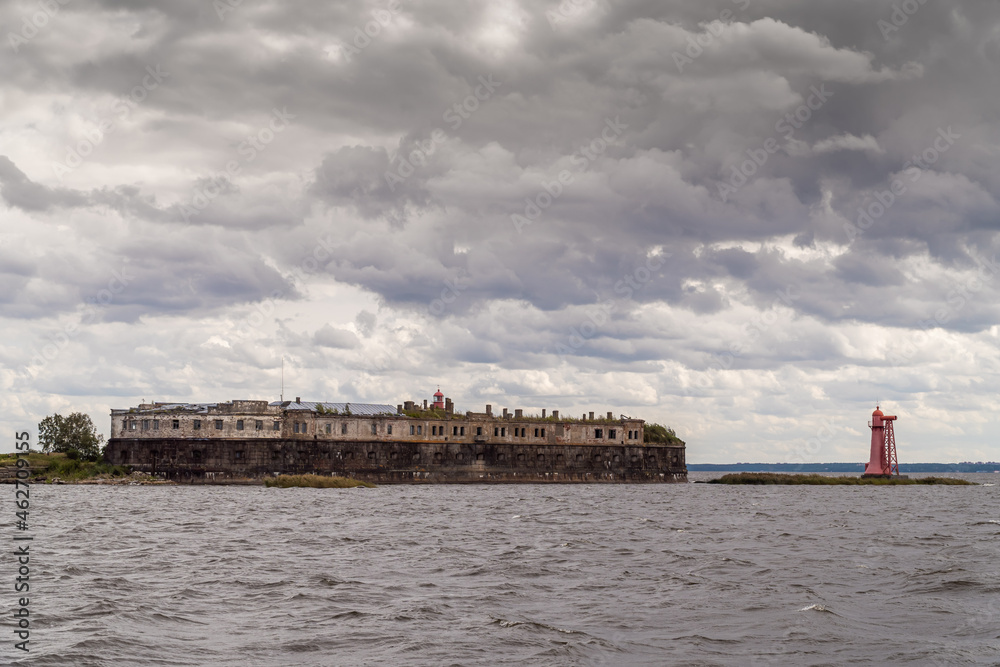 Russia. Saint-Petersburg. August 15, 2021. Kronshlot Fort is located along the fairway of the southern coast of Kronstadt.