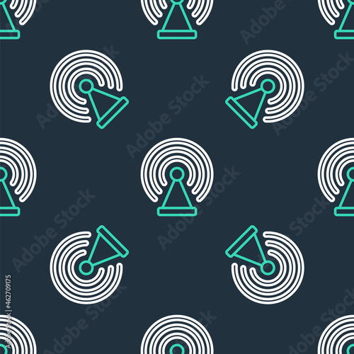 Line Radar icon isolated seamless pattern on black background. Search system. Satellite sign. Vector