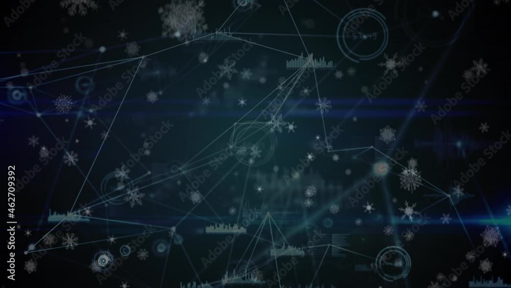 Animation of snow falling over network of connections and data processing Animation of snow falling over network of connections and data processing