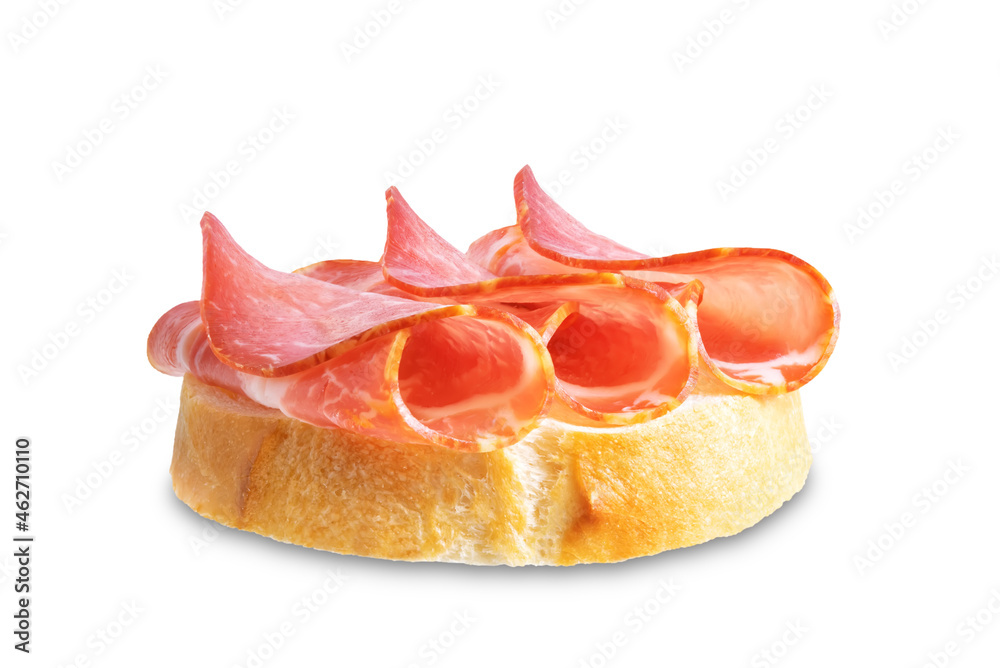 Prosciutto crostini with fresh bread on a white isolated background