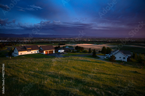 Sunset over Gallatin Valley and city of Bozeman, Montana from Overlook Lane photo