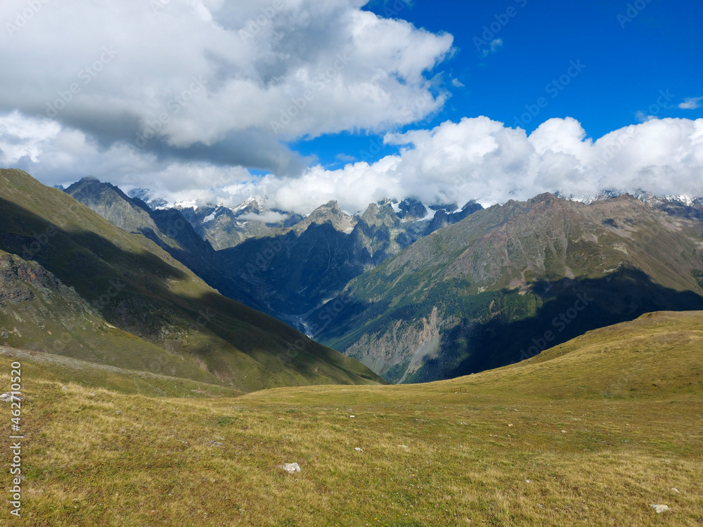  Beautiful landscape of mountain valley. Scenic mountains. Amazing green mountain valley. Svaneti, Georgia.Hiking trail leading from Mestia to Koruldi lakes