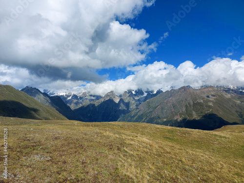  Beautiful landscape of mountain valley. Scenic mountains. Amazing green mountain valley. Svaneti, Georgia.Hiking trail leading from Mestia to Koruldi lakes