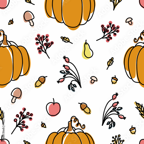 Cozy home autumn still life with pumpkin, leaves and branches of berries in the style of lines and colored spots. Decorative elements for the design of postcards, invitations and more. Vector