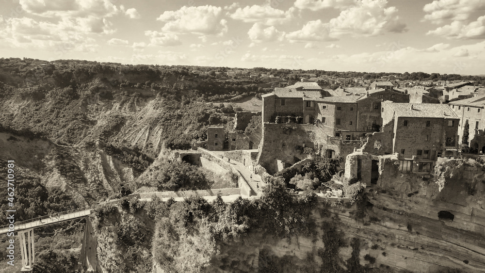 Amazing aerial view of Civita di Bagnoregio landscape in summer season, Italy. This is a famous medieval italian town