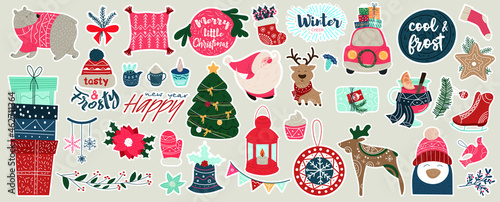 Large collection of festive Christmas stickers with gifts, reindeer, ornaments, ice skates, stockings, car and tree, colored vector illustration. Cute hand drawn in scandinavian style.