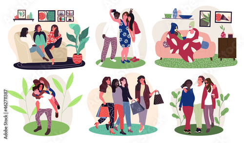 Set of six scenes showing friendship and companionship amongst couples and groups of young men and women of diverse multiracial people, bundle of flat cartoon vector illustrations