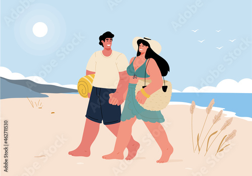 Romantic trip for a couple in love,walking along the beach and holding hands.Couple on vacation.