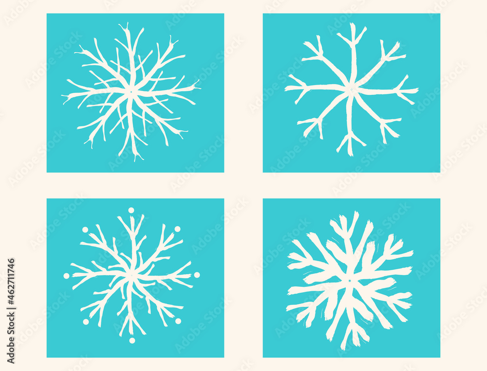 Grunge hand drawn snowflakes, thin dry brush strokes, vector, isolated
