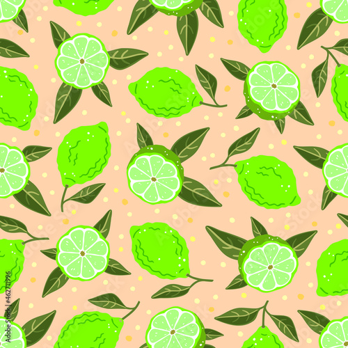 Limes and leaves on a pink background. Vector seamless pattern