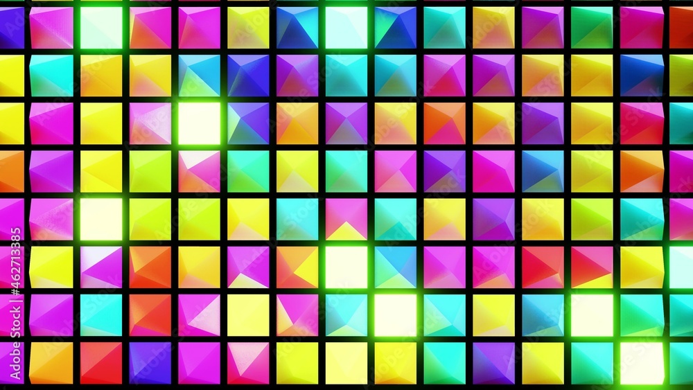 3d render. Abstract festive background with multi-colored pyramids on a plane flashing neon light randomly. 3d render. Abstract festive background with multi-colored pyramids on a plane flashing neon light randomly.